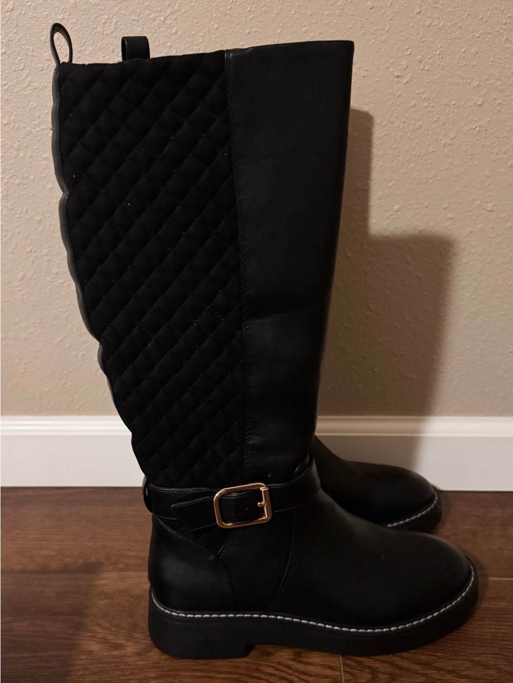 River Island Black Quilted Over-the-Knee Boots with Gold Buckle